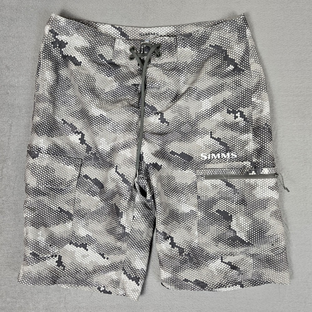 Simms Shorts Mens 32 Gray Camo Board SolarFlex Cargo Swim Fly Fishing Saltwater